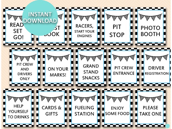 Baby Blue Racing Party Signs
