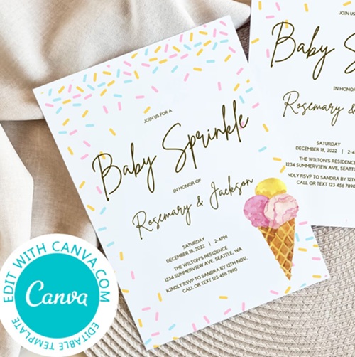 editable pink yellow ice cream invitation