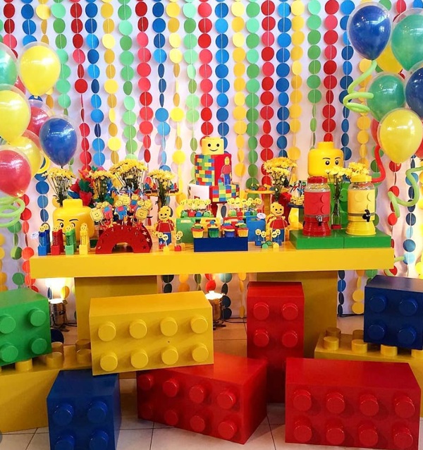 lego themed paper backdrop and decors