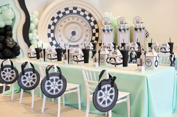mint and black Racing Car Theme Birthday Party