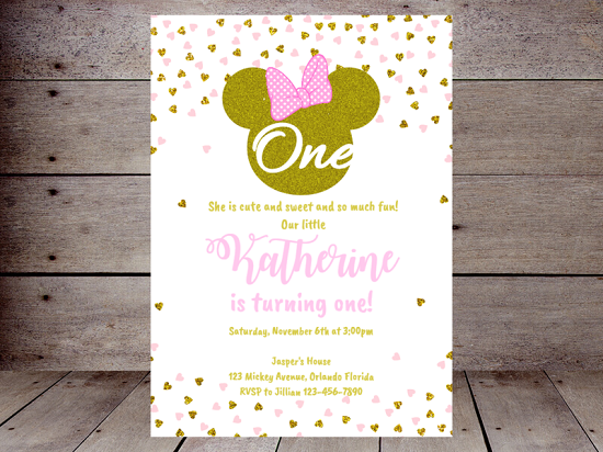 pink hearts editable minnie mouse first birthday invitation