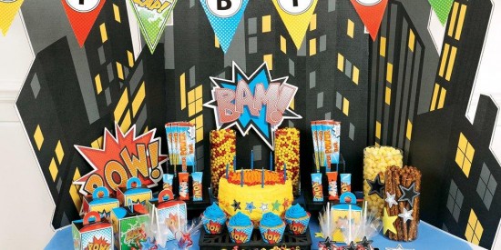 superhero birthday party ideas with building backdrop