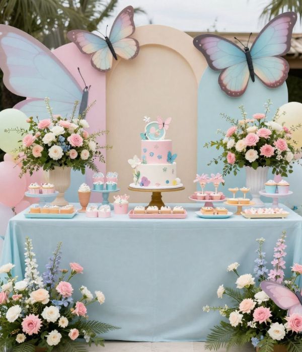 whimsical garden butterfly dessert table