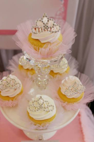 Bling Princess First Birthday Party cupcakes with tiaras