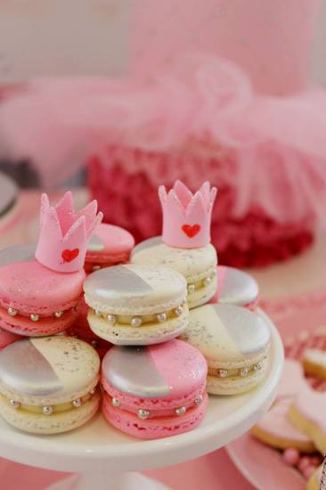 Bling Princess First Birthday Party macarons with pearls