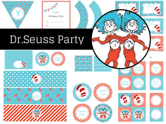 Dr Seuss Birthday, Dr Seuss Party, Party Printables, Thing 1 Thing 2, Dr Seuss Party Pack