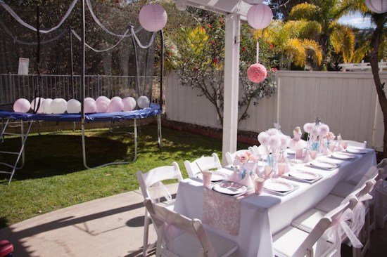 ballerina birthday party decorations tablesetting with pom poms