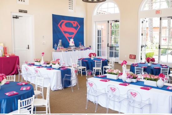 Supergirl Birthday Party in Pink & Blue table setting