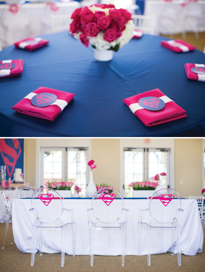 Pink Blue Supergirl Birthday Party table setting