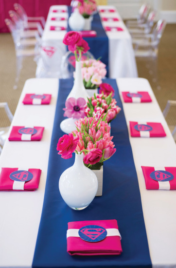 Pink Blue Supergirl Birthday Party tablescape