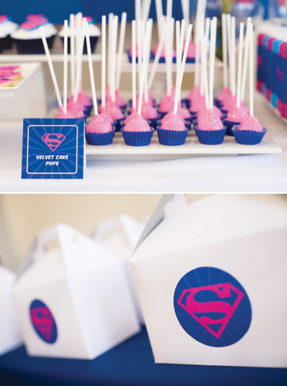 Pink Blue Supergirl Birthday Party snack ideas cakepops