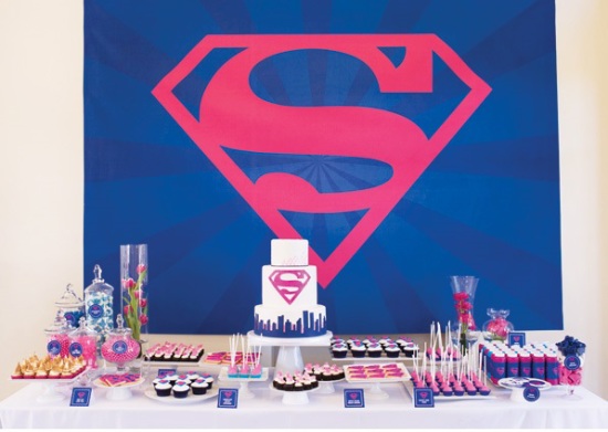 Pink Blue Supergirl Birthday Party dessert table