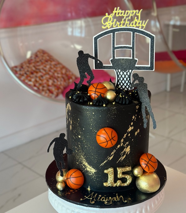 black gold basketball party cake