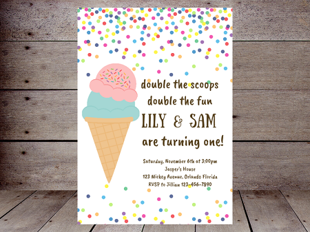 double the scoops ice cream twin invitation editable