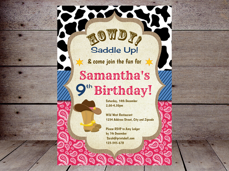 editable pink cowgirl birthday invitation