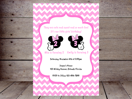 editable pink minnie mouse twin girls invitation