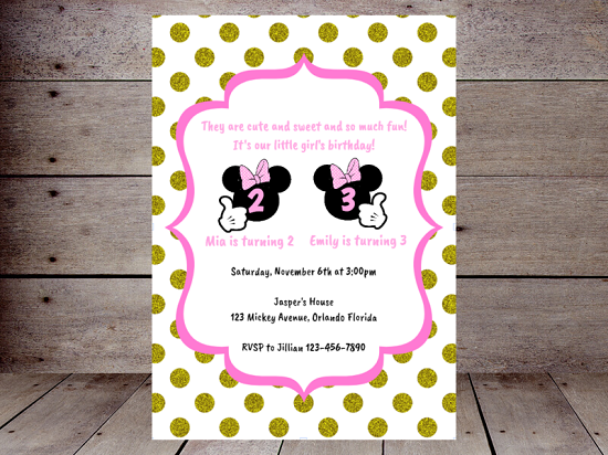 pink and gold editable minnie mouse twin girls invitation