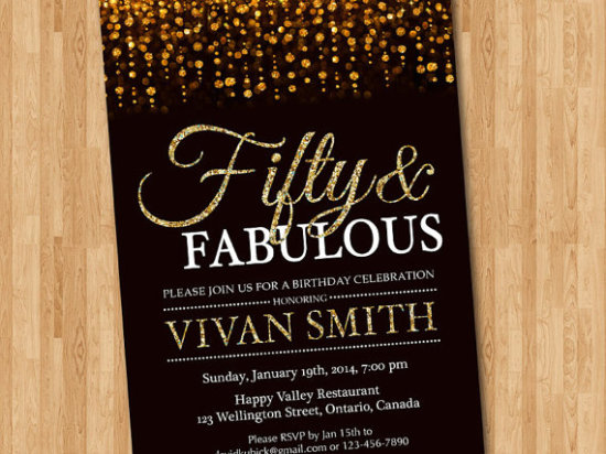 50th birthday invitation for women. Fifty and fabulous. Golden 50.