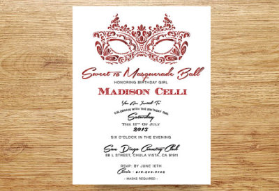 Masquerade Party Invitation, Sweet 16, Quinceanera Invitation, Ruby Red and White, Mask Invite