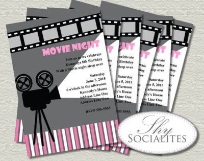 Pink & Grey Movie Night Invitation Cinema, Hollywood, Movie Reel