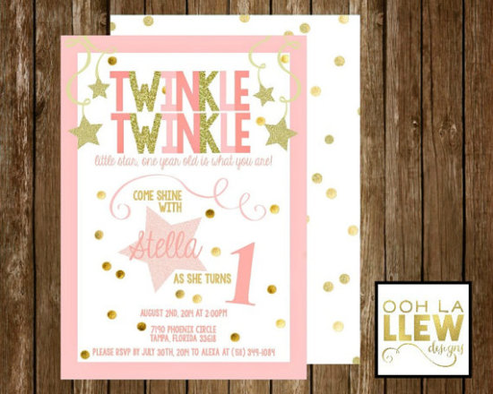 Pink and Gold Twinkle Twinkle Little Star First Birthday Invitation