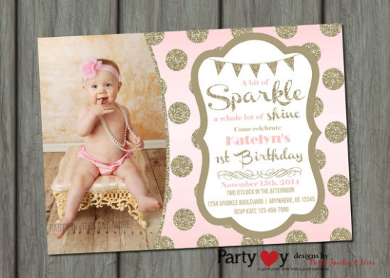 Sparkle Birthday Invitation, Blush Pink Invitation, Pink and Gold