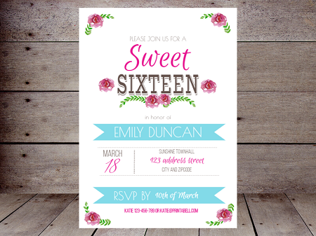 floral sweet sixteen birthday invitation editable