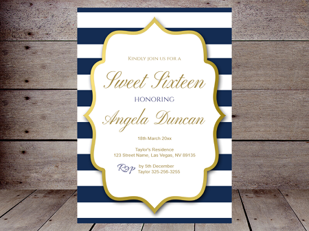 navy and gold editable sweet 16 invitation