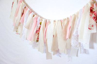 Neutral Pink Shabby Chic Rag Tie Garland-Lace Floral Gingham Banner