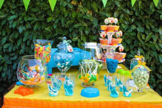 Colorful Beach Birthday Party dessert buffet table