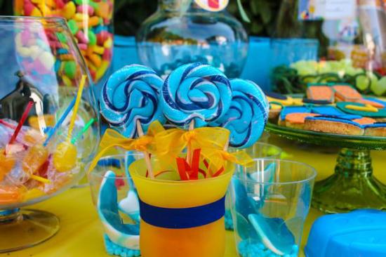 Colorful Beach Birthday Party snacks lollies cookies swirl lollipops