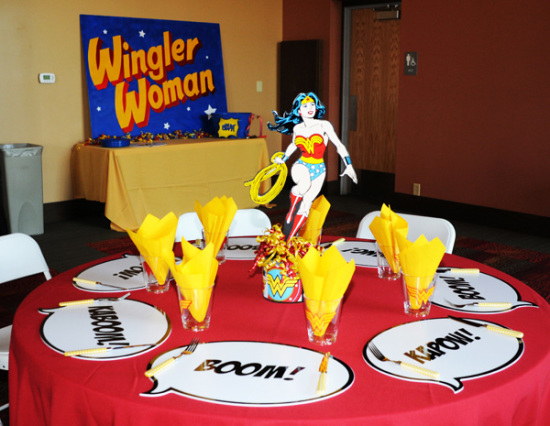 Wonder Woman Birthday Celebration table mat with pow bam labels