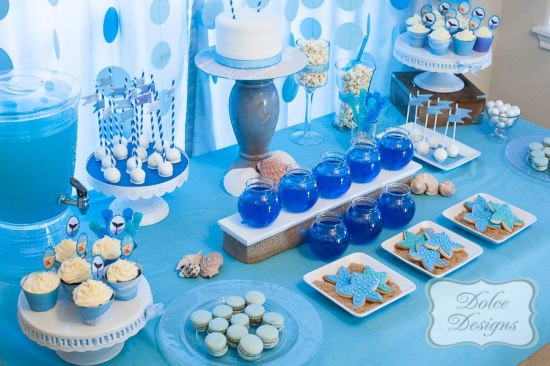Under the Sea Birthday Party backdrops and decorations and dessert table with treats