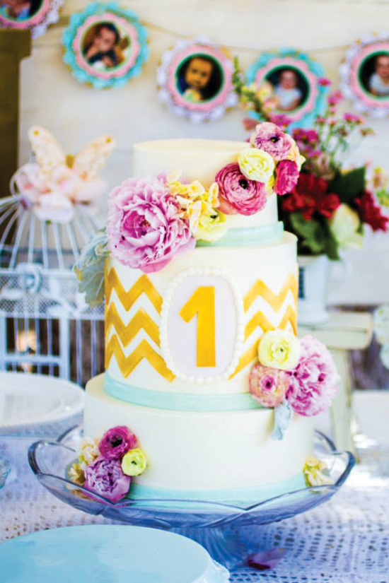 Blooming Spring Birthday Party cake in chevron pattern