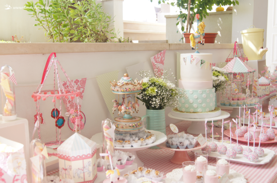 Carousel Birthday Party ideas, dessert table full of pastel decors