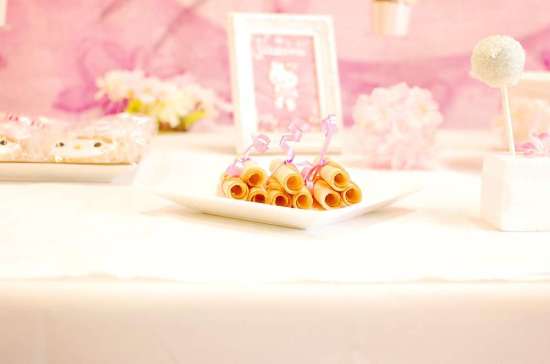 Hello Kitty Birthday Party dessert table, cupcakes, rolls