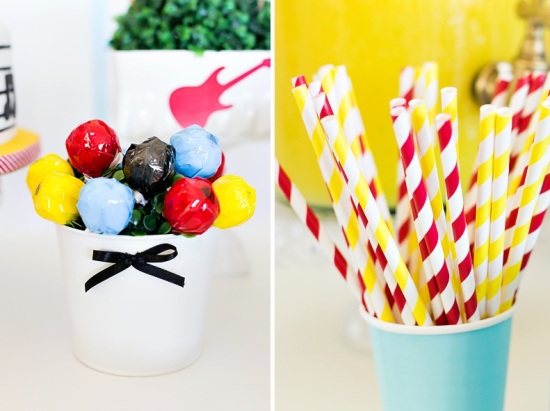 Rock n' Roll Birthday Party treats and snacks, lollipops, and straws