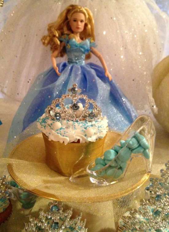 Cinderella Princess Birthday Party tiara cupcakes with glass slipper with candies
