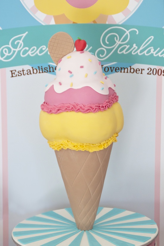 ice cream parlor party ideas, decorations, candy bar cake