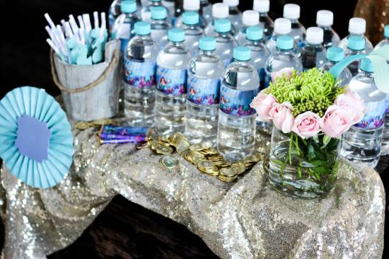 Under the Sea First Birthday Party water bottles with gold coins