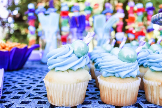 Little Mermaid Inspired Party food, snacks, cupcakes with shimmering pearls aqua