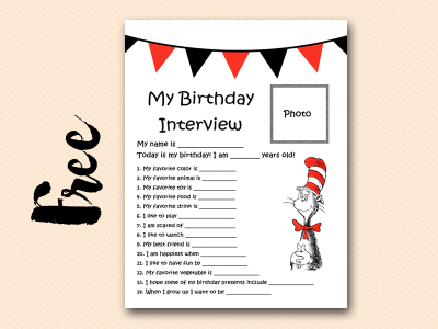 cat-in-hat free printable birthday interview, birthday games, birthday activity printables