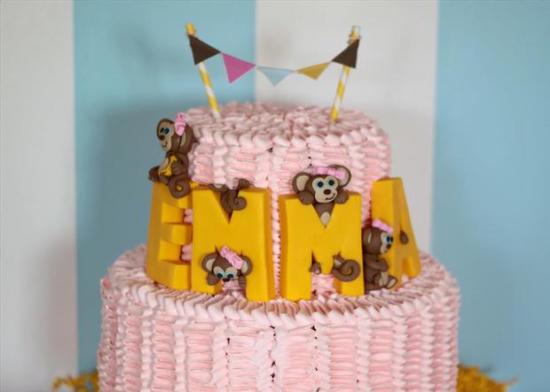 curious george inspired monkey party cake, centerpiece, mini cake bunting