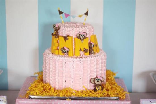 curious george inspired monkey party cake, centerpiece, pink cake