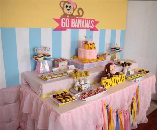 curious george inspired monkey party dessert table, side view