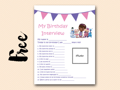doc mcstuffins curious-george free printable birthday interview, birthday games, birthday activity #birthday #party