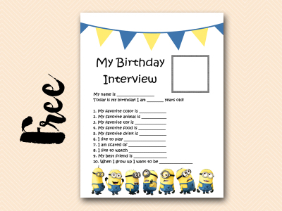 free minions party activity, minions birthday interview printable