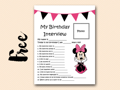 minnie pink curious-george free printable birthday interview, birthday games, birthday activity #birthday #party