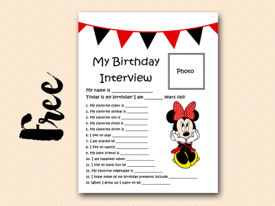 minnie red curious-george free printable birthday interview, birthday games, birthday activity #birthday #party