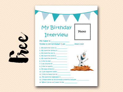 olaf curious-george free printable birthday interview, birthday games, birthday activity #birthday #party